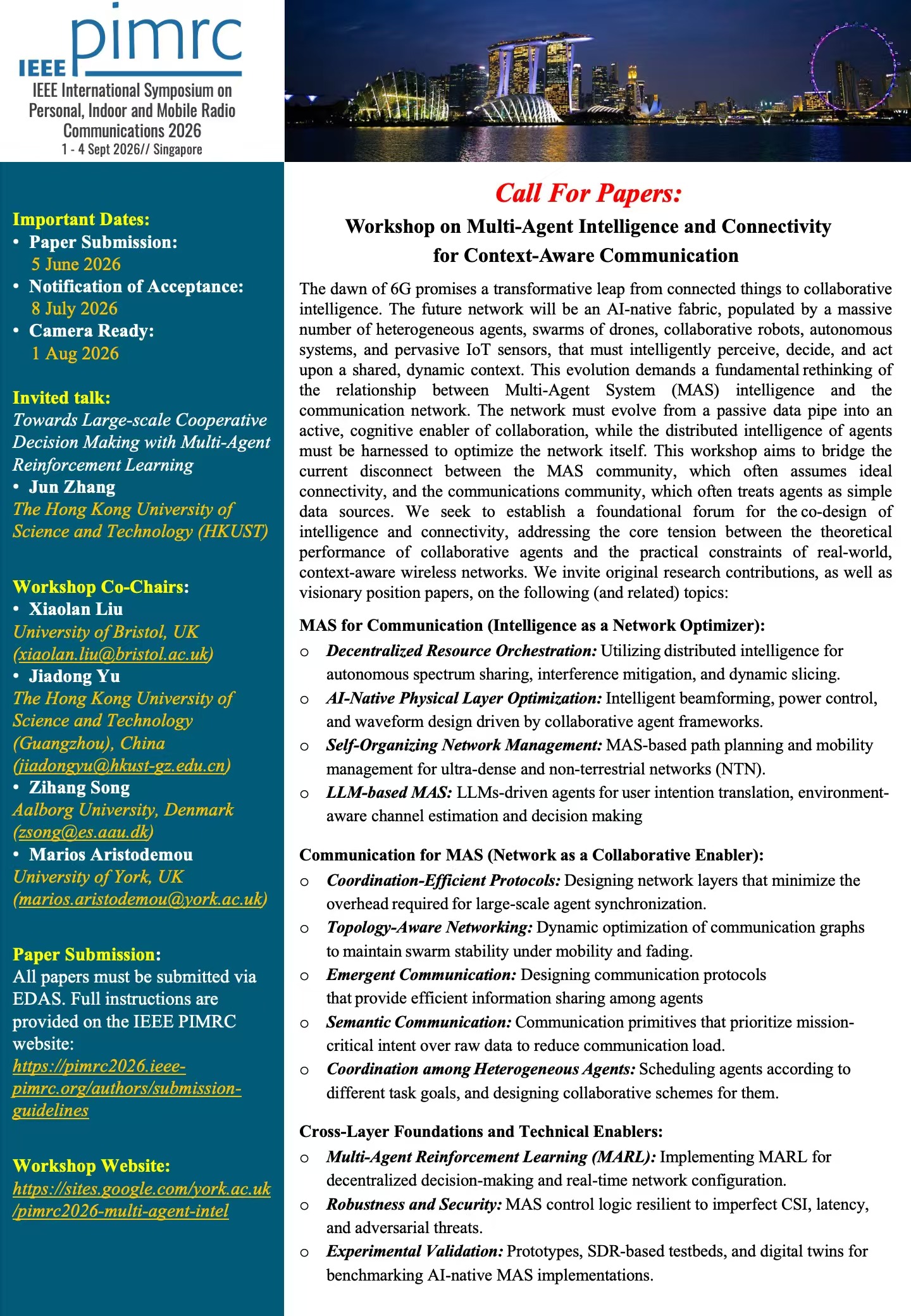 Poster for the IEEE PIMRC 2026 workshop on Multi-Agent Intelligence and Connectivity for Context-Aware Communication